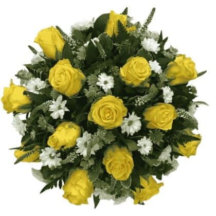 A top-down view of a classic posy featuring vibrant yellow roses and delicate white daisy-like flowers, set against lush green foliage. The bouquet is round and tightly arranged, showcasing the cheerful color of the roses.