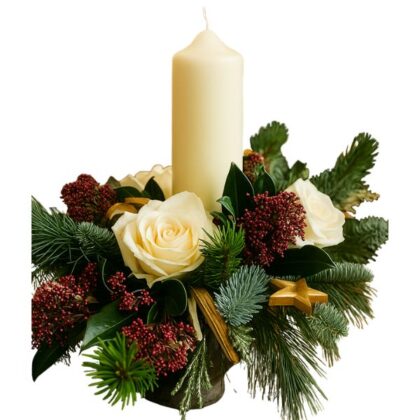 A stunning centerpiece featuring Christmas flower arrangements with candles, set on a wooden table, ready for a festive dinner.