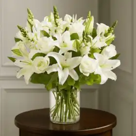 Elegant White Lily and Rose Sympathy Vase Arrangement