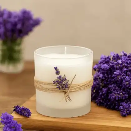 A close-up of a premium frosted glass container holding Luxury Scented Candles, elegantly wrapped with natural twine and decorated with fresh lavender sprigs for a calming aromatic experience.