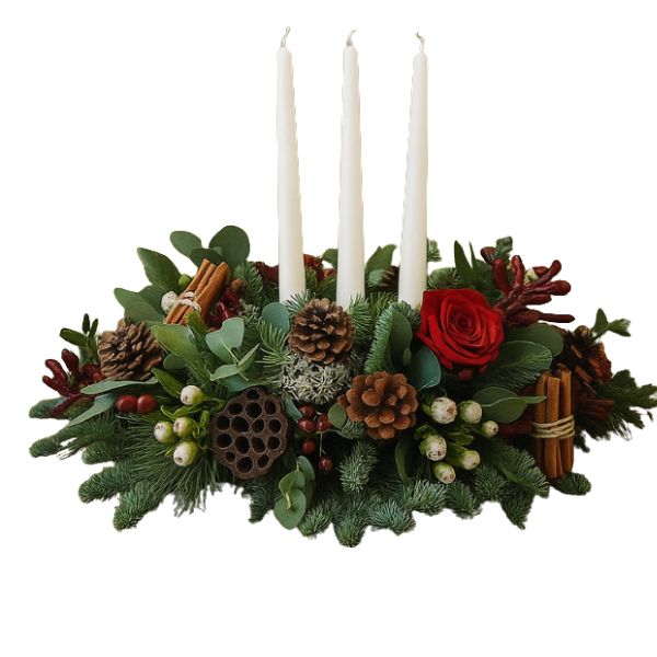 Christmas table centrepieces with candles 1 A festive arrangement of Christmas table centrepieces with candles, featuring red flowers, holly, and ribbon accents.