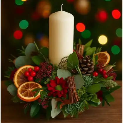 An opulent display of Luxury Christmas candle Table Arrangements, featuring tall white candle