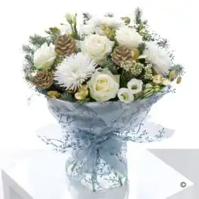 Elegant Christmas Bouquets of flowers featuring white roses, chrysanthemums, silver and gold pine cones, and festive greenery, wrapped in white and blue paper.