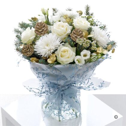 Elegant Christmas Bouquets of flowers featuring white roses, chrysanthemums, silver and gold pine cones, and festive greenery, wrapped in white and blue paper.