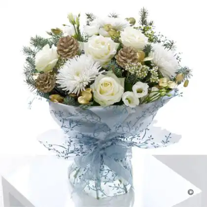 Elegant Christmas Bouquets of flowers featuring white roses, chrysanthemums, silver and gold pine cones, and festive greenery, wrapped in white and blue paper.