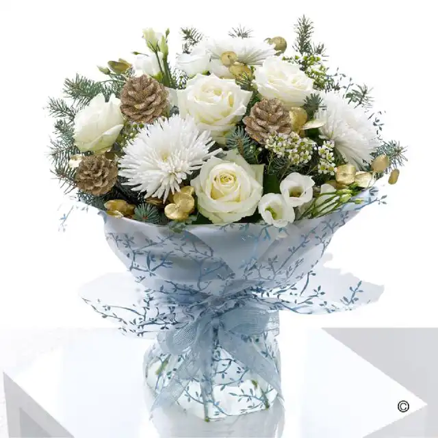 Elegant Christmas Bouquets of flowers featuring white roses, chrysanthemums, silver and gold pine cones, and festive greenery, wrapped in white and blue paper.