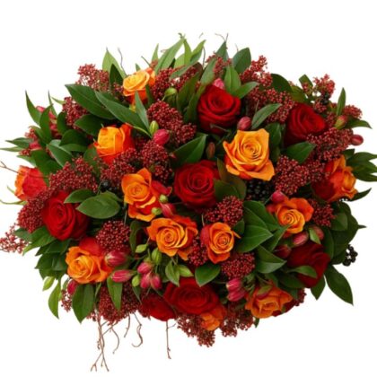 Luxury autumn roses hand tied bouquet with vibrant red/orange roses, dark red hypericum berries, and rich green foliage.