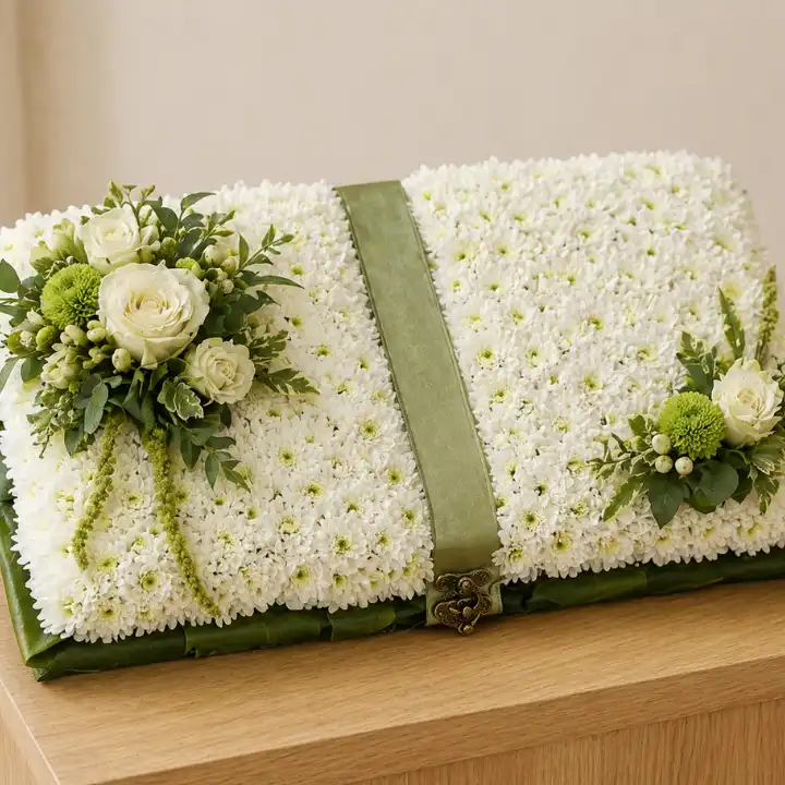 Open Book Funeral Tribute with Orange and Yellow Chrysanthemums 1 Open Book Funeral Flowers