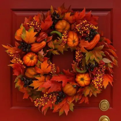 A dense, vibrant Pumpkin Surprise Door Wreath featuring mini pumpkins, autumn leaves in red and orange, and mixed berries, hanging on a bright red door.