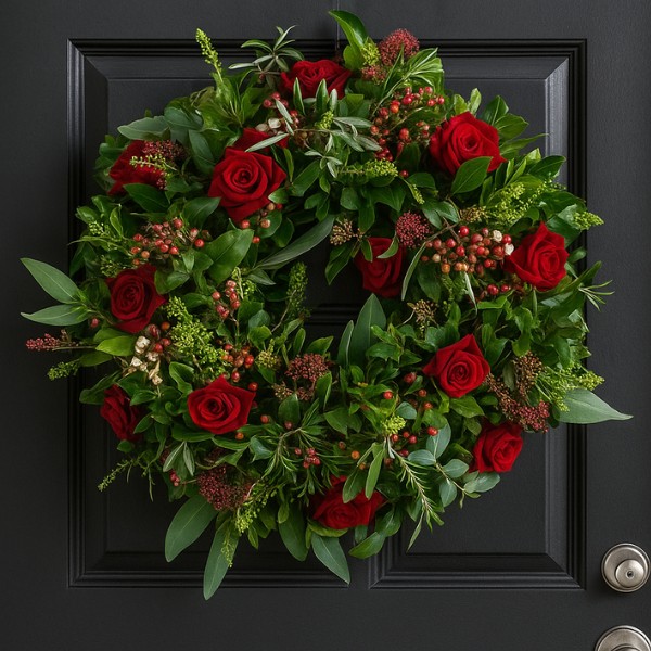 Red Rose Christmas Door Wreath 1 A luxurious and vibrant Red Rose Christmas Door Wreath adorned with deep crimson roses, pine foliage, and shimmering gold accents, displayed on a classic wooden door.