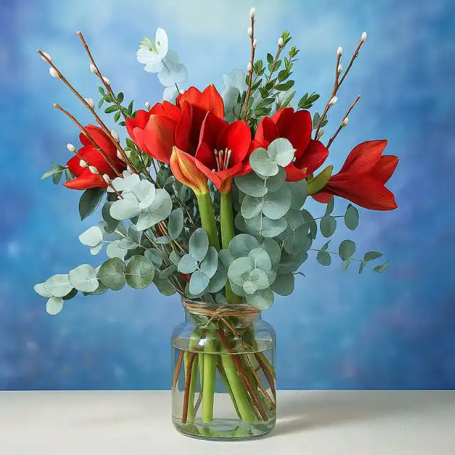 Red amaryllis flowers Bouquet with vase 1 A glass vase containing striking red Amaryllis cut flowers, eucalyptus, and willow sticks against a festive blue bokeh background. Red amaryllis flowers Bouquet for sale