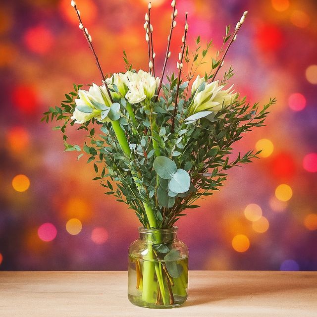 Blog 2 A beautiful white flower arrangements for Christmas featuring Amaryllis blooms, green eucalyptus, and natural willow sticks in a clear glass vase. White Amaryllis Bouquet for sale