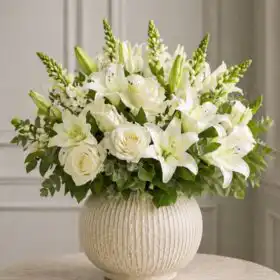 Elegant White Lily and Rose Sympathy Vase Arrangement