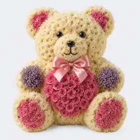 White and Red Teddy Bear Floral Funeral Tribute