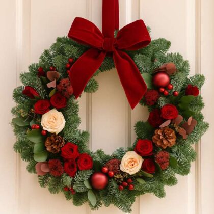 A classic, handcrafted Traditional Christmas Door Wreath featuring pinecones, red berries, and a vibrant velvet bow, perfect for holiday decor.