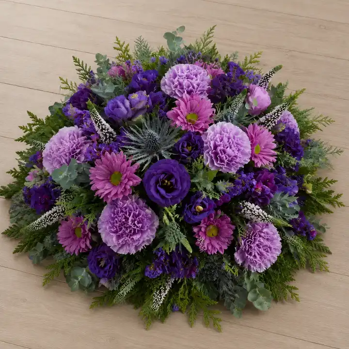 Vibrant Purple and Thistle Posy of Flowers for a Funeral 1 Vibrant Purple and Thistle Posy of Flowers for a Funeral with Carnation, Lisianthus , Chrysanthemum , Veronica .