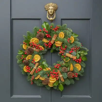 Large luxury Christmas cracker door wreath with festive ribbons, baubles, and greenery for an elegant holiday display
