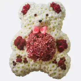 White and Red Teddy Bear Floral Funeral Tribute