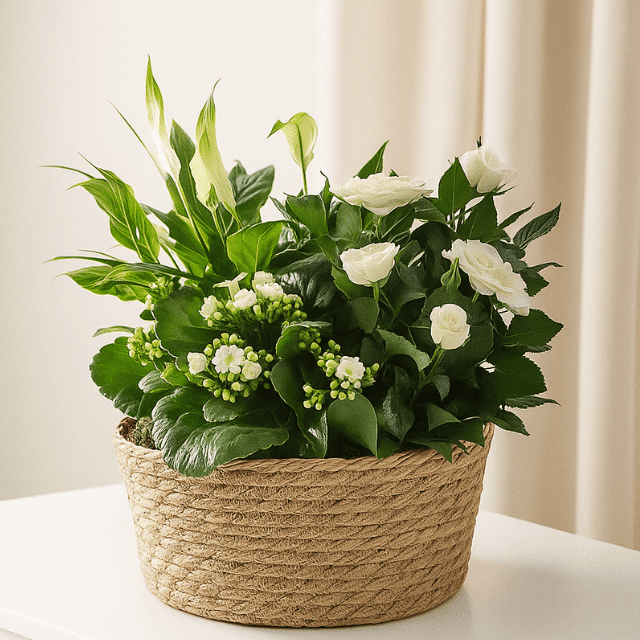 White planted basket 1 White planted basket