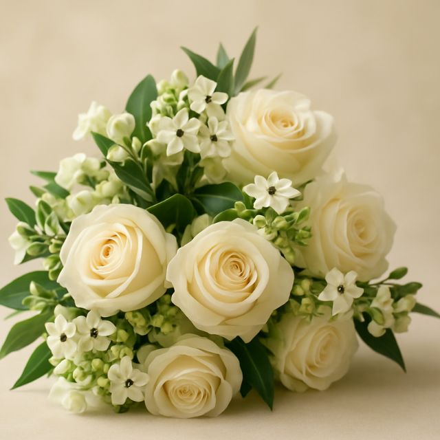 Blog 19 Close-up of a luxurious white rose hand tied bouquet featuring creamy roses and small white and green filler flowers. Christmas flowers delivered. Christmas flower delivery Glasgow