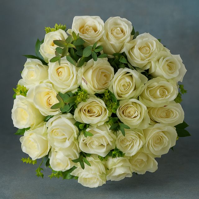 Blog 7 A luxurious, dense round bouquet of pristine white roses with minimal light green foliage on a dark grey background. Flowers for delivery Christmas Eve
