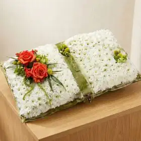 Open Book Funeral Tribute with Orange and Yellow Chrysanthemums