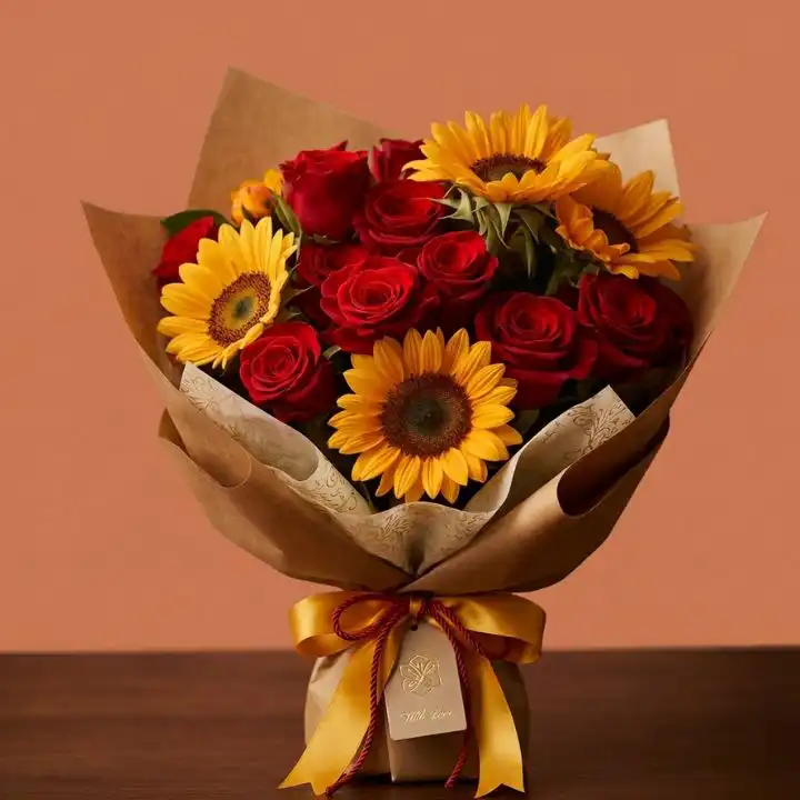 Radiant Rose & Sunflower Burst 1 Vibrant sunflower and rose bouquet arranged with fresh greenery in a stylish floral display.