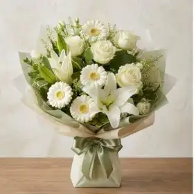 Serene White Sympathy Bouquet – Lilies, Roses and Daisies
