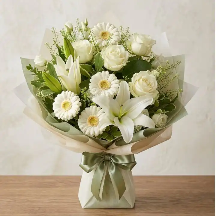 Serene White Sympathy Bouquet – Lilies, Roses and Daisies 1 A serene White Sympathy Bouquet featuring fresh lilies, roses, and daisies arranged in a classic floral style.