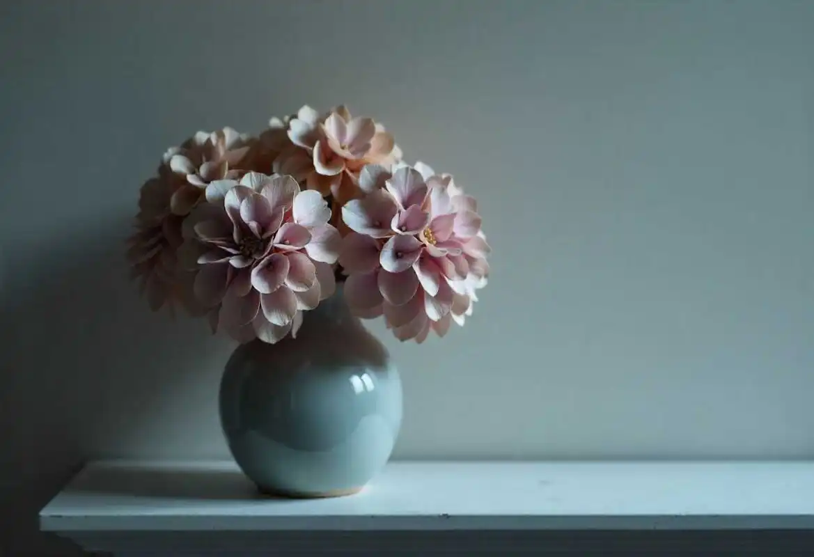 A beautiful arrangement of successfully dried, light pink and peach Hydrangea blooms displayed in a delicate vase, demonstrating the outcome of learning How to Dry Hydrangea Flowers.