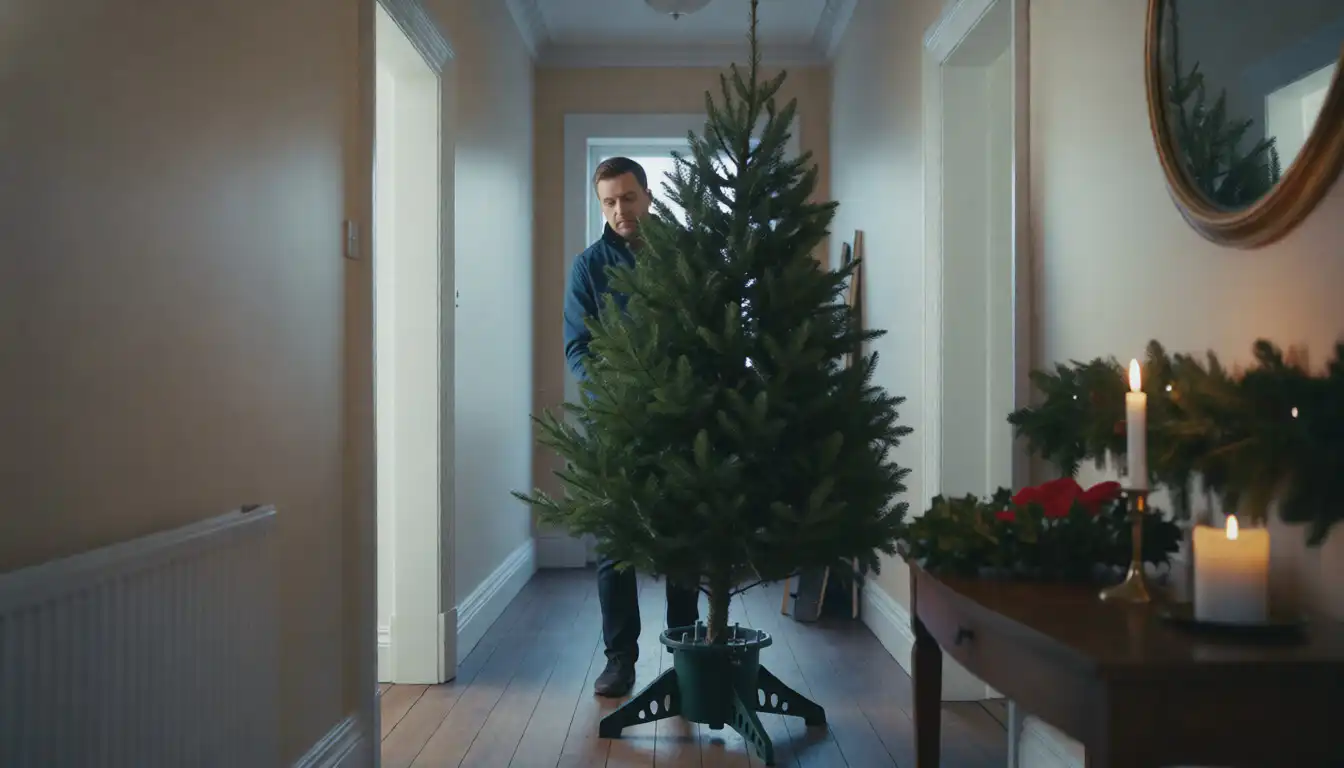 Small decorated mini Christmas tree with lights, ribbons and festive ornaments