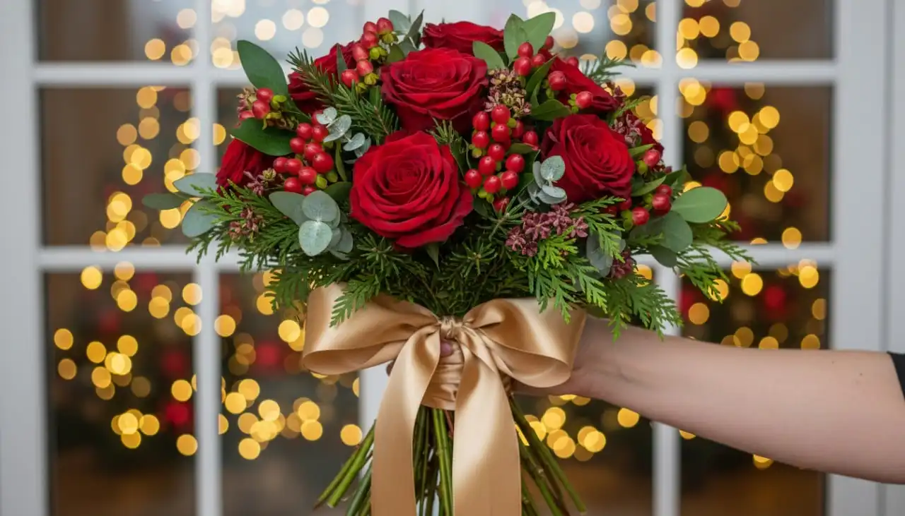 Red and gold Christmas bouquet – holiday flowers Glasgow