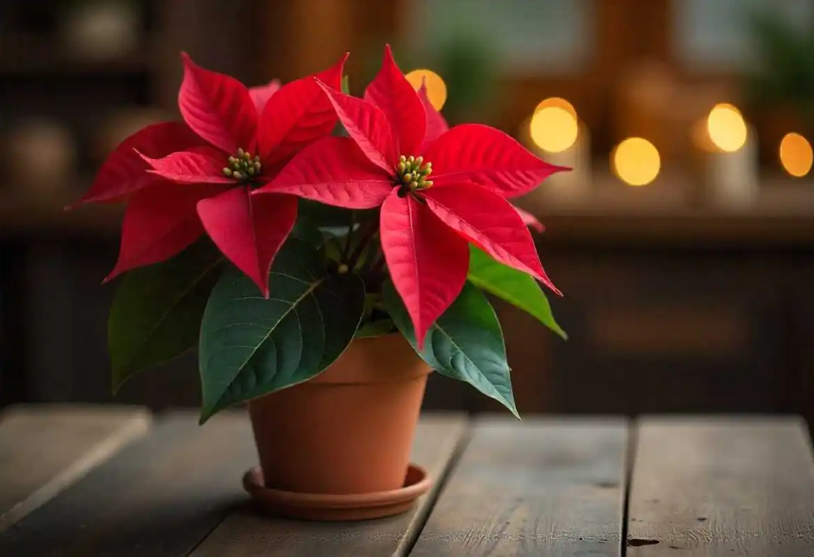 A vibrant red Poinsettia plant in a rustic terracotta pot on a wooden table, often considered the second official December Birth Flower.