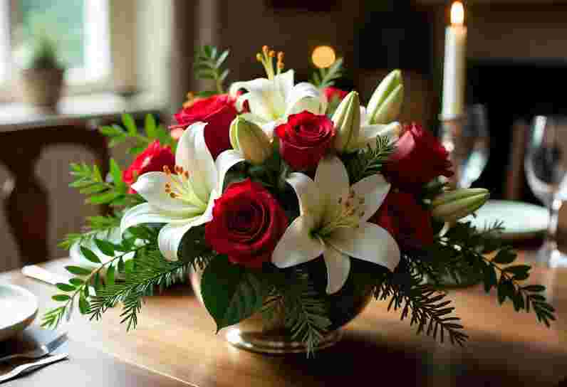 Christmas Flower Arrangements Bristol: Step by Step Guide 1 A festive table centerpiece with deep red roses, white lilies, and pine foliage, perfect as Christmas Flower Arrangements Bristol homes.