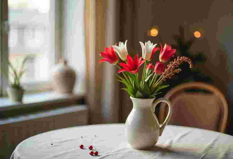 Christmas Flower Arrangements Bristol: Step by Step Guide 3 A rustic white jug filled with red and white tulips and winter foliage, a subtle option for Christmas Flower Arrangements Bristol home decor.
