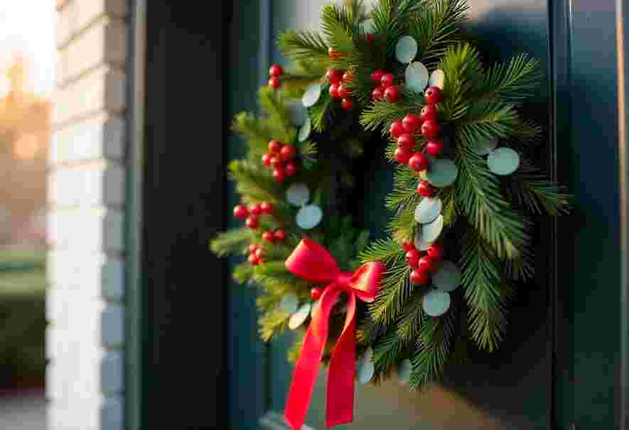 Christmas Flower Arrangements Bristol: Step by Step Guide 2 A traditional evergreen Christmas wreath decorated with bright red berries and a large red bow, a popular item for Christmas Flower Arrangements Bristol.