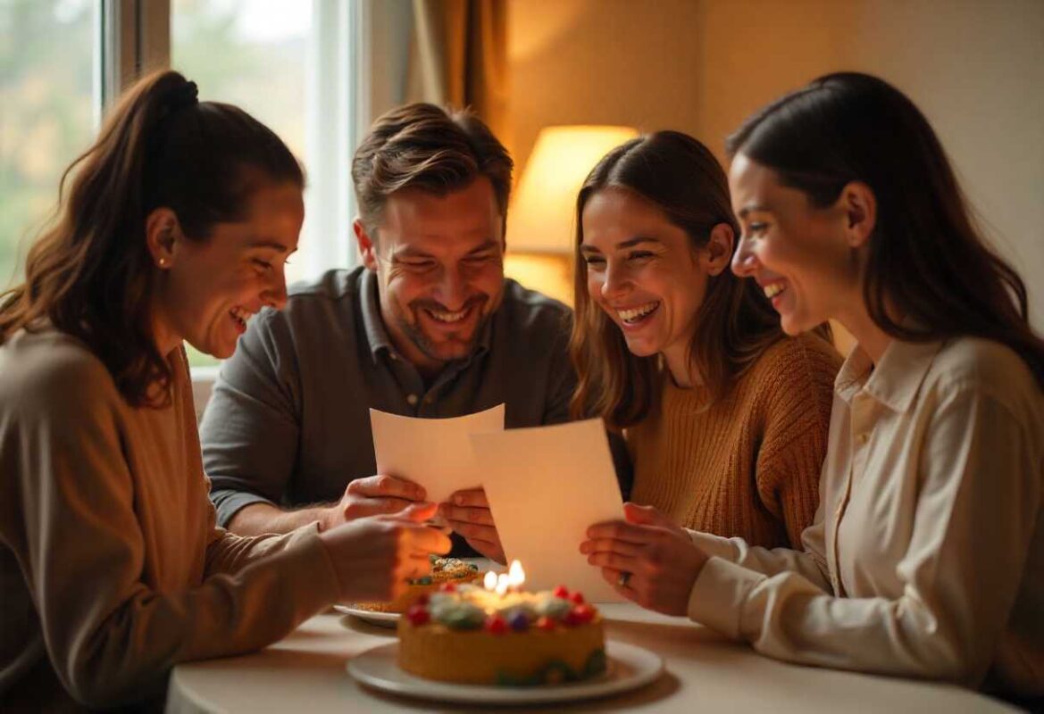 A group of smiling friends or family members reading cards around a birthday cake, illustrating the joy of receiving a thoughtful note, focusing on What to Write on a Birthday Card.