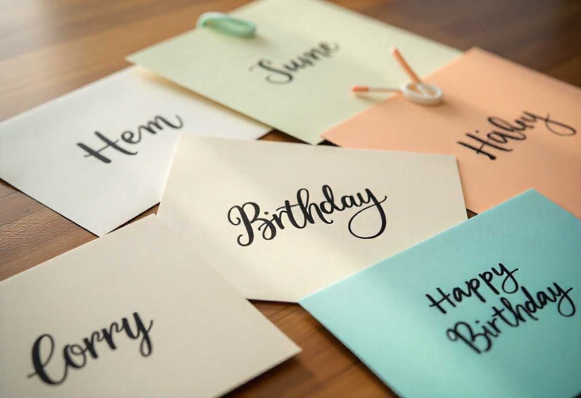 A collection of pastel-colored cards with different handwritten names and greetings, offering ideas for What to Write on a Birthday Card.