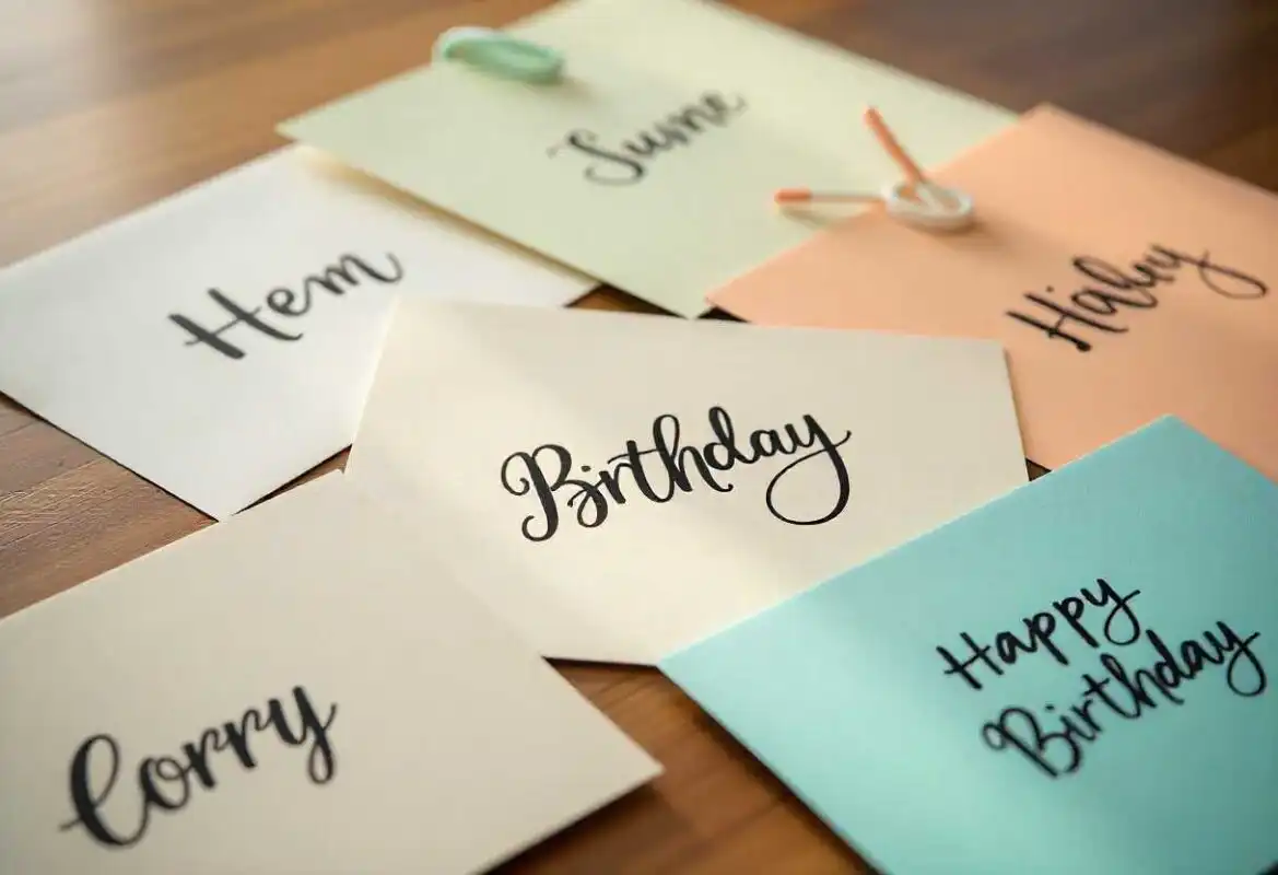 A collection of pastel-colored cards with different handwritten names and greetings, offering ideas for What to Write on a Birthday Card.