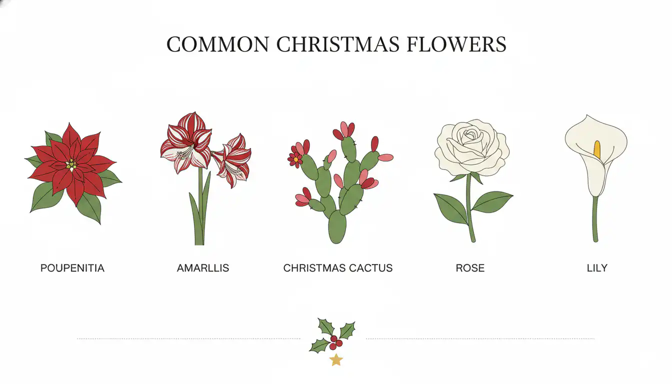 What Flower Is Given the Most at Christmas? A Complete Seasonal Gift Guide 1 Infographic comparing the popularity of poinsettia, amaryllis, Christmas cactus, roses, and lilies for Christmas gifting.