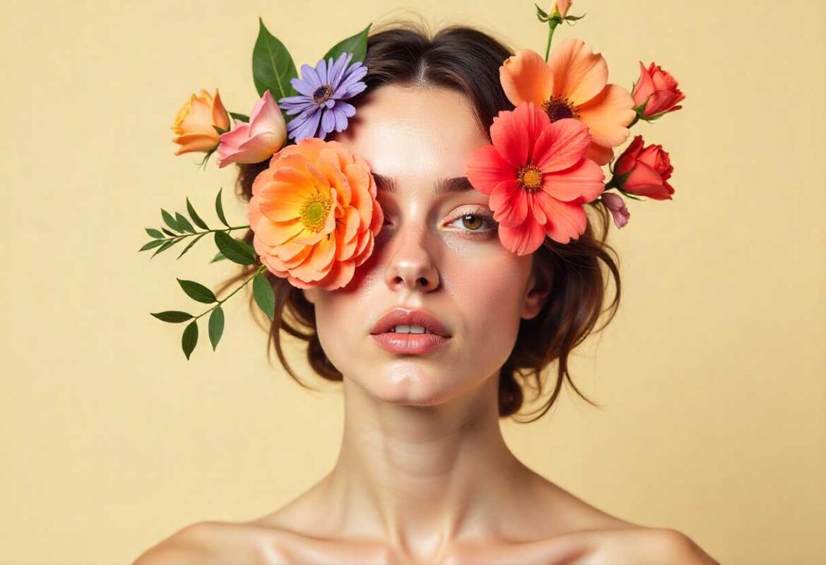 Birth Flowers for Every Month – Complete Guide for London 3 A beautiful model with eyes gently obscured by large, vibrant orange, red, and purple summer blooms, showcasing the Birth Flowers for Every Month of the season.