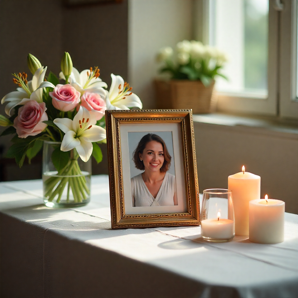 Elegant memorial flower arrangements with lilies, roses, candles and a framed photo in a peaceful setting.