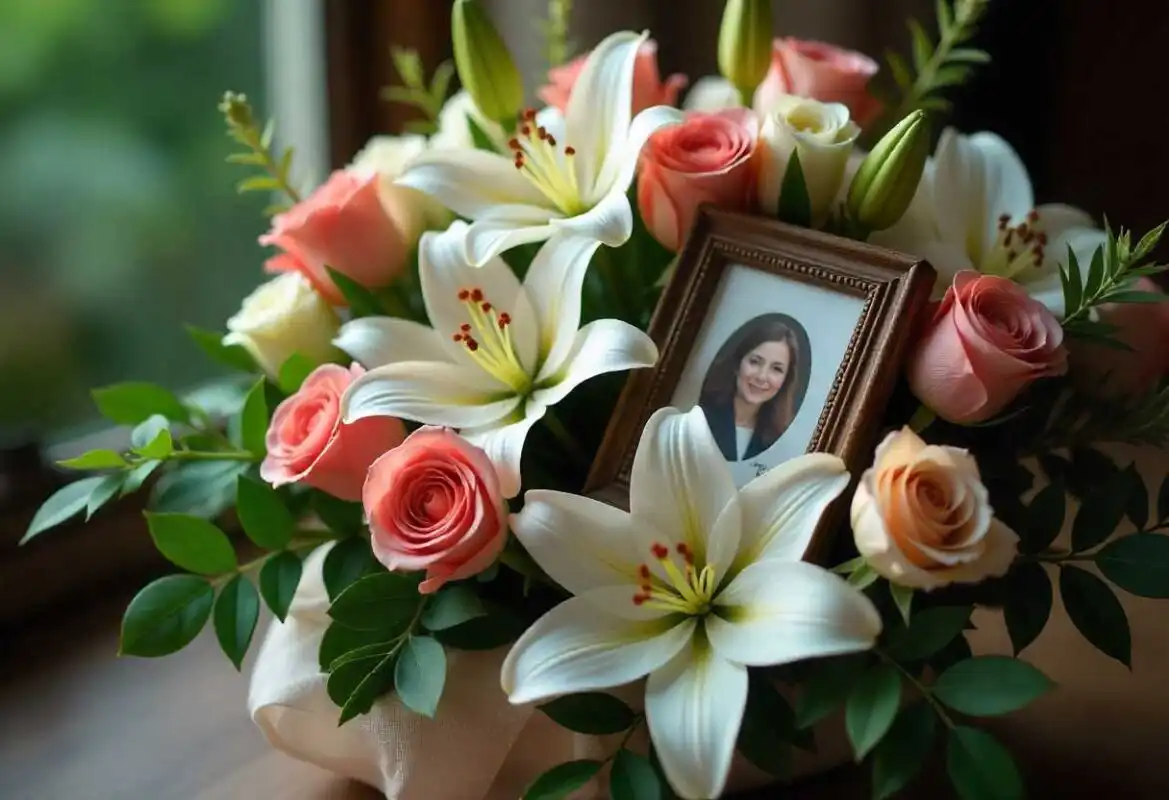 Memorial Service Flower Arrangements – Step by Step Guide 3 A personalized floral tribute featuring a framed photo placed within an arrangement of white lilies and peach roses, ideal for Memorial Service Flower Arrangements.