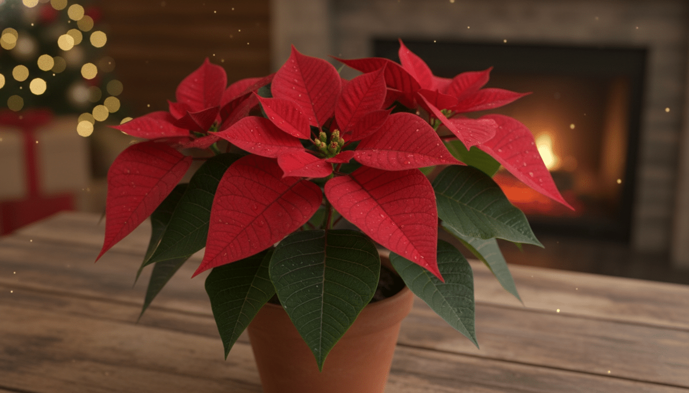 Blog 18 Poinsettia plant with bright red bracts used as the most popular Christmas flower.