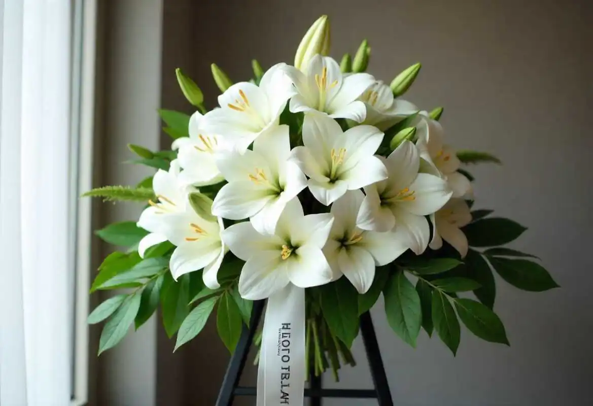 Memorial Service Flower Arrangements – Step by Step Guide 1 A large, beautiful standing spray of white lilies and green foliage on an easel, a traditional choice for Memorial Service Flower Arrangements.