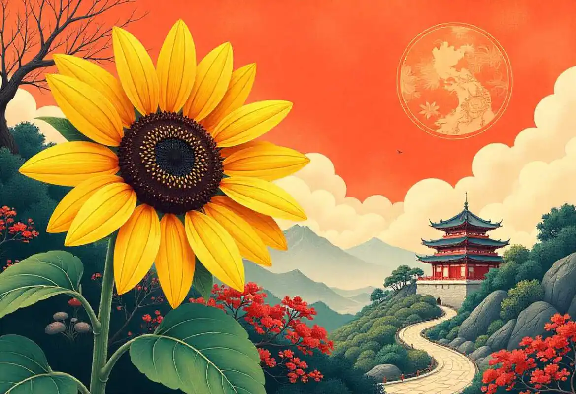 A large, vibrant sunflower in a traditional Chinese landscape with a pagoda, mountains, and a moon, highlighting the cultural Sunflower Meaning.