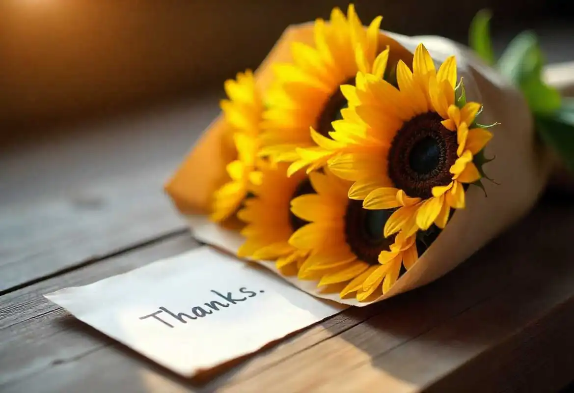A rustic bouquet of three large, bright yellow sunflowers wrapped in craft paper, placed next to a card that simply says "Thanks," reinforcing the Sunflower Meaning of gratitude.