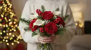 What Flower Is Given the Most at Christmas? A Complete Seasonal Gift Guide 2 A person in a white sweater holds a festive bouquet of red roses, white calla lilies, and red berries, a popular example of What Flower Is Given the Most at Christmas.
