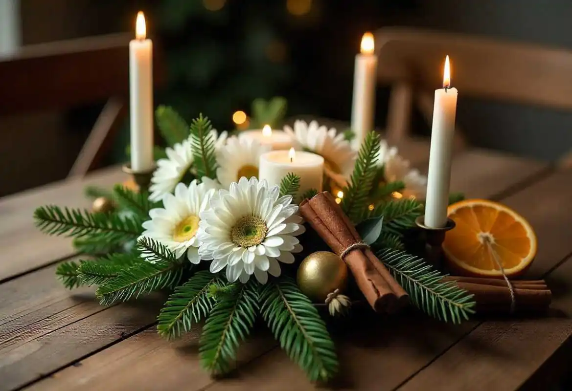 Christmas Holiday Flowers: The Complete Guide to Festive Blooms 3 A Christmas floral centerpiece with candles, greenery, and festive décor placed on a dining table.