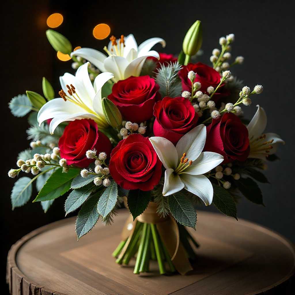 A luxurious Christmas holiday flower arrangement with roses, lilies, berries, and pine cones in a warm festive setting.